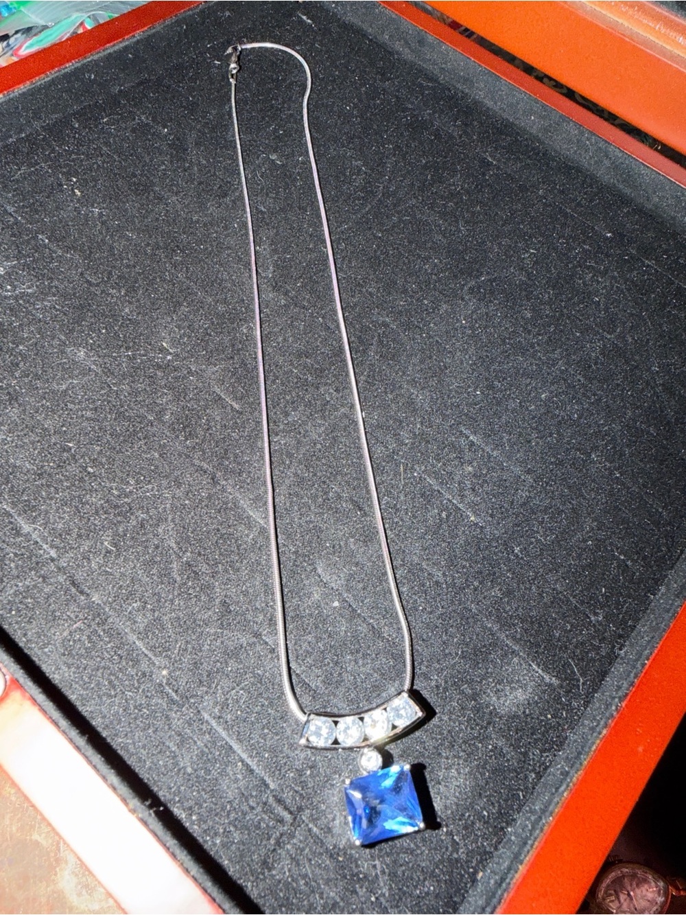 Sterling Silver Necklace with Blue Square Pendant and Crystal Accents
